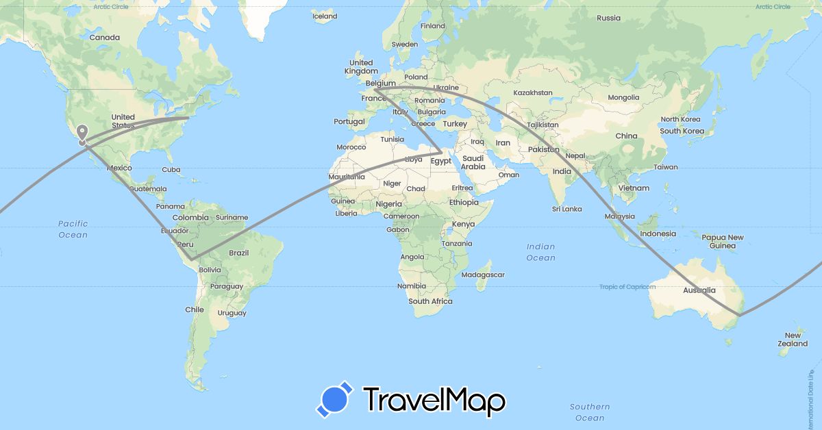 TravelMap itinerary: driving, plane in Australia, Egypt, France, Peru, Singapore, United States (Africa, Asia, Europe, North America, Oceania, South America)